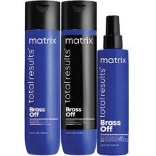 Matrix Brass Off Shampoo/Conditioner 10.1 oz & Brass Off All-In-One Toning Leave-In Spray 6.8 oz Trio